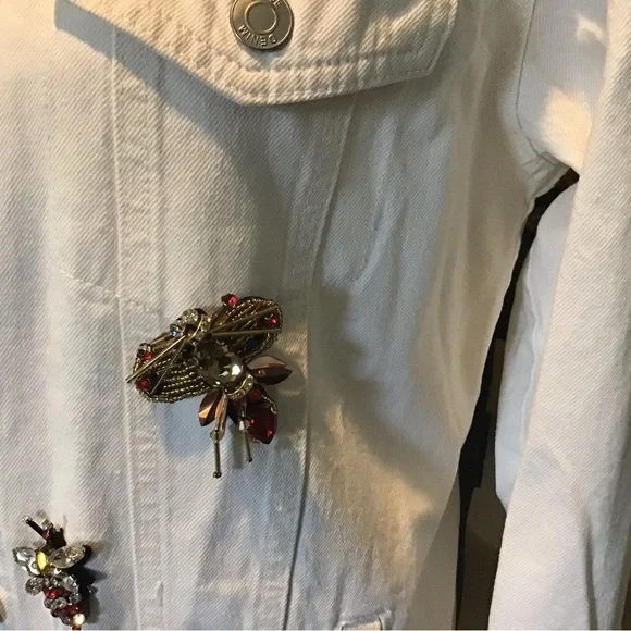 White Jean Jacket with Bees Butterfly Embellishments - Picture 3 of 6